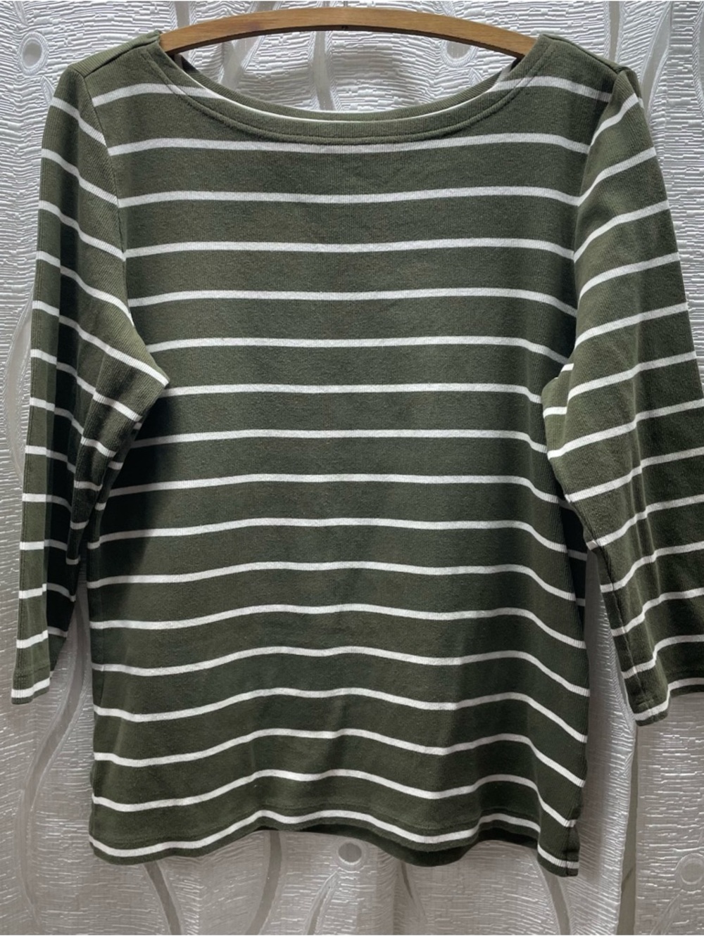 Denver Hayes Striped Top Womens XL Olive Green Good Ribbed 3/4 Sleeve‎ Boat Neck